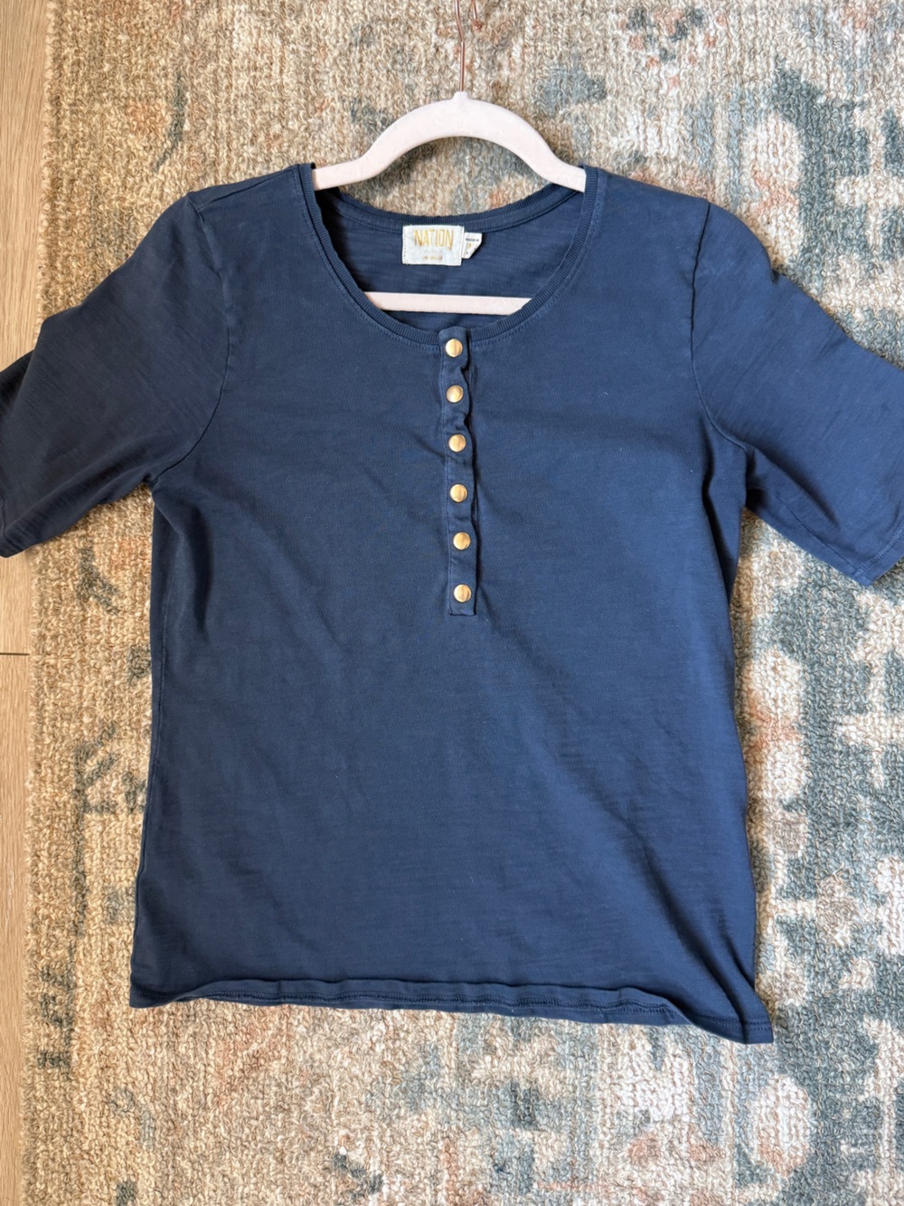 Nation LTD Navy Short Sleeve Henley with Gold Buttons
